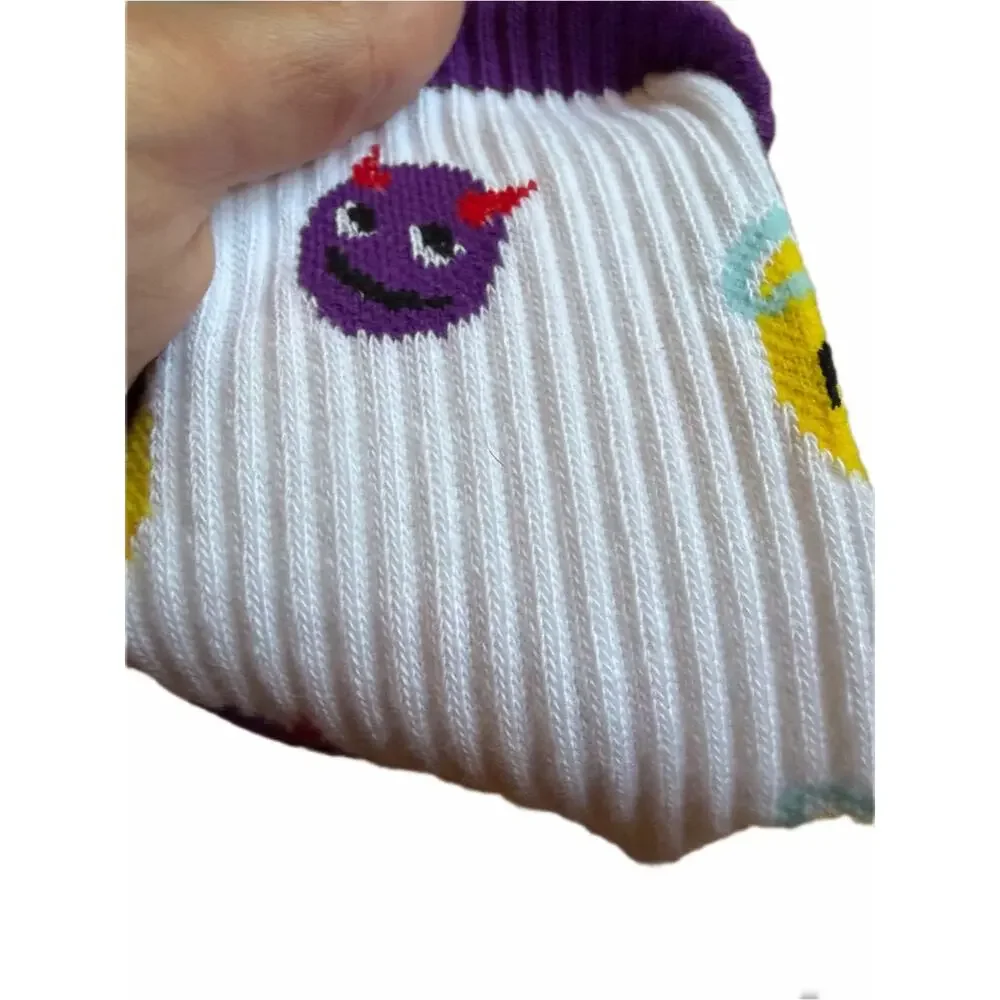 White Emoji Crew Socks with Yellow and Purple Accents devil and angel